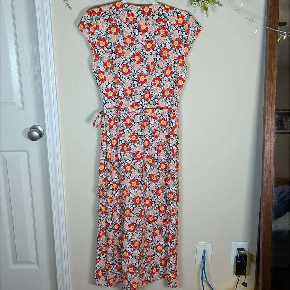 J. Crew Mercantile Floral Midi Wrap Short Sleeve Dress Viscose Red Pink